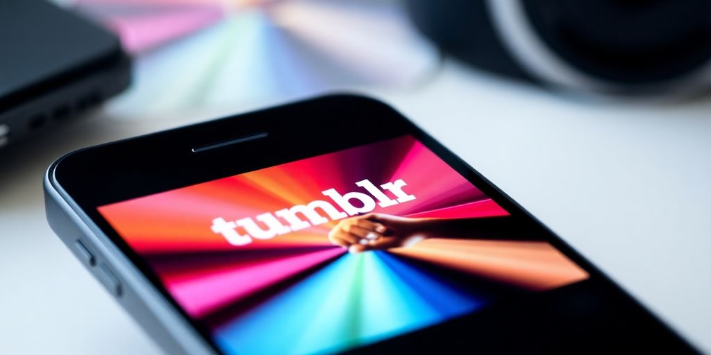 iPhone displaying a colorful Tumblr video on screen.